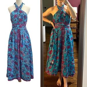 CAROLINE CONSTAS Turquoise Blue Pink Floral Halter Neck Maxi Dress 100% Cotton M